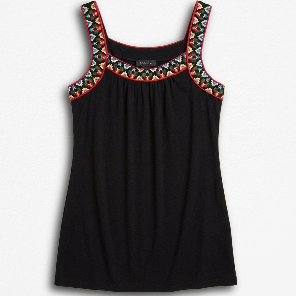 Spense Womens Black Embroidered‎ Scoop Neck Tank Top Sleeveless Knit Shirt Small
